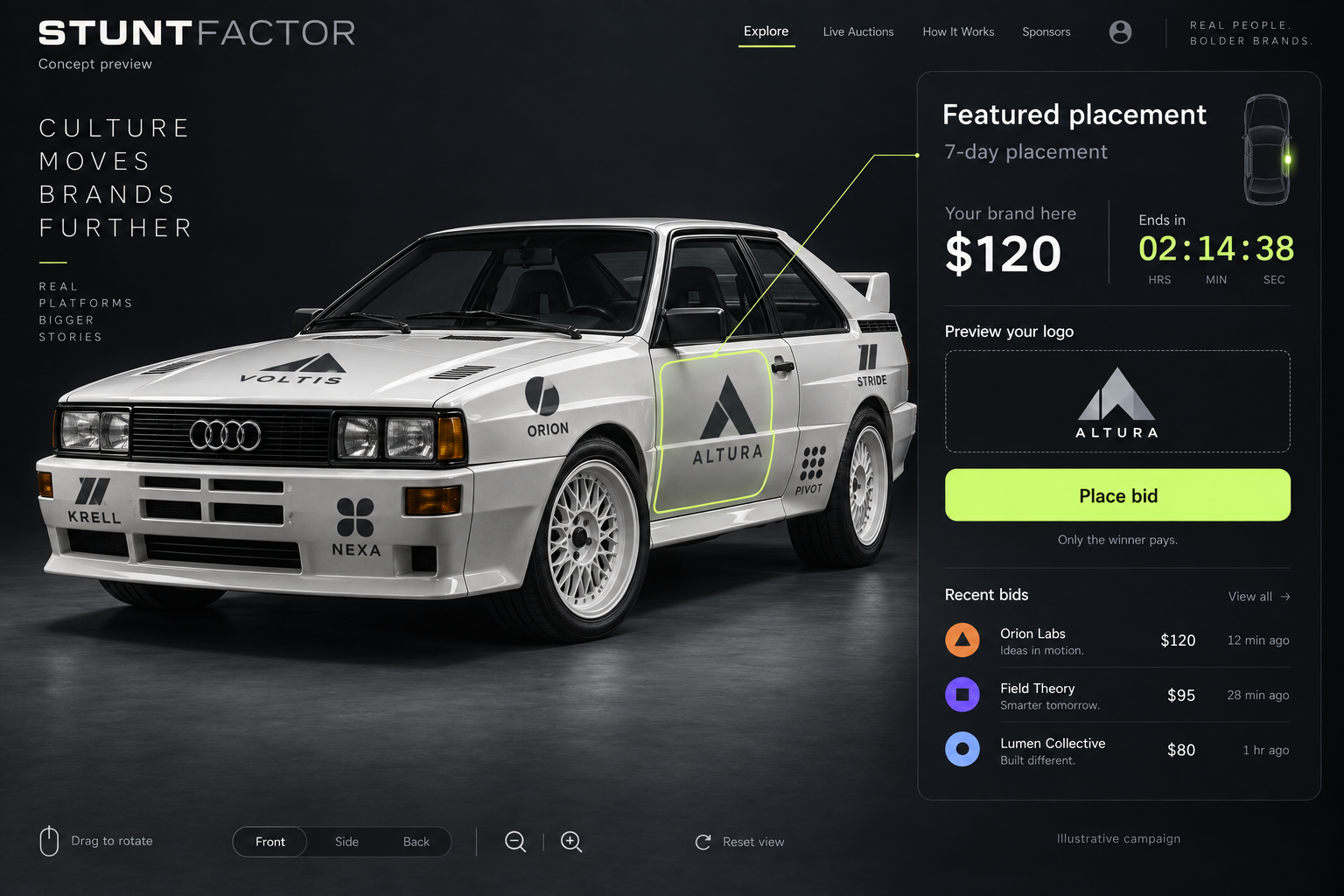 Classic Audi Quattro · A statement on every street. Advertising concept with sponsor logos, a lime outlined placement and auction preview.