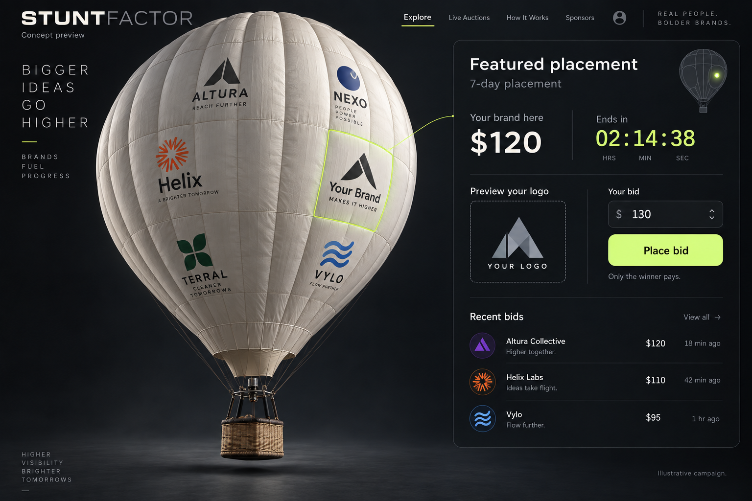 Hot-air balloon · A canvas above the ordinary. Advertising concept with sponsor logos, a lime outlined placement and auction preview.