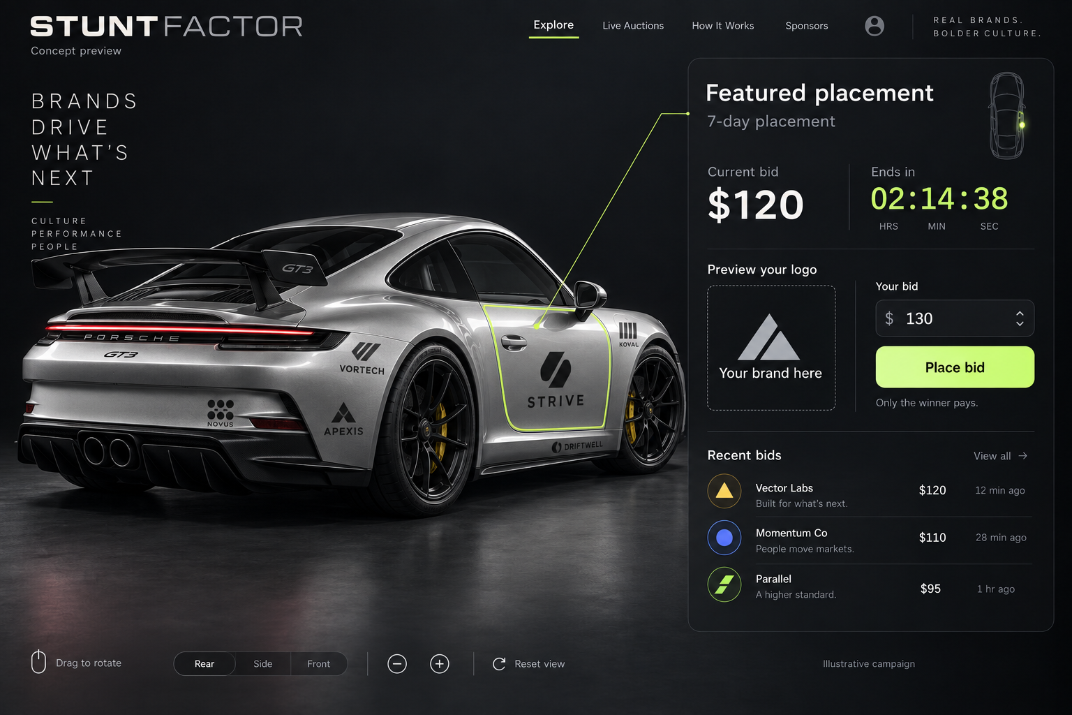 Porsche GT3 · Put your brand in the fast lane. Advertising concept with sponsor logos, a lime outlined placement and auction preview.